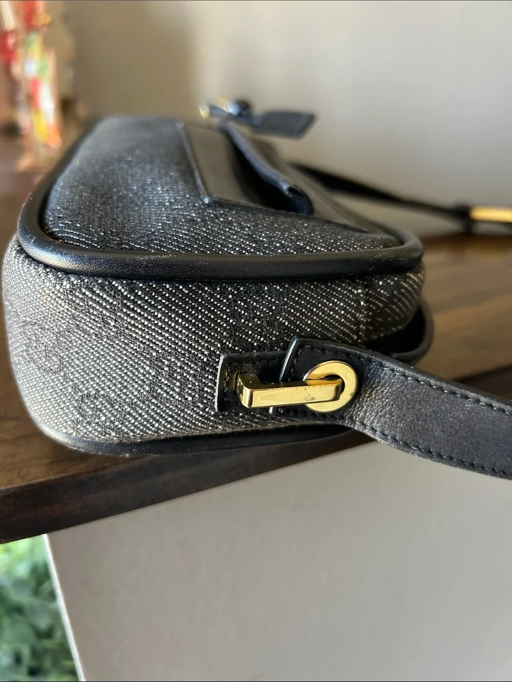 466. Gucci Black/Gray Monogram Belt Bag with Leather Trim w/coa